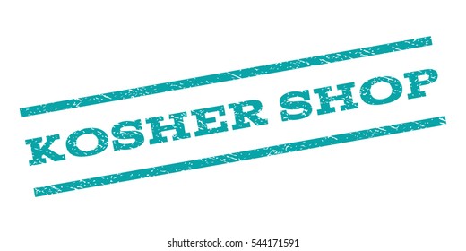 Kosher Shop watermark stamp. Text tag between parallel lines with grunge design style. Rubber seal stamp with scratched texture. Vector cyan color ink imprint on a white background.