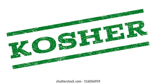 Kosher watermark stamp. Text caption between parallel lines with grunge design style. Rubber seal stamp with scratched texture. Vector green color ink imprint on a white background.