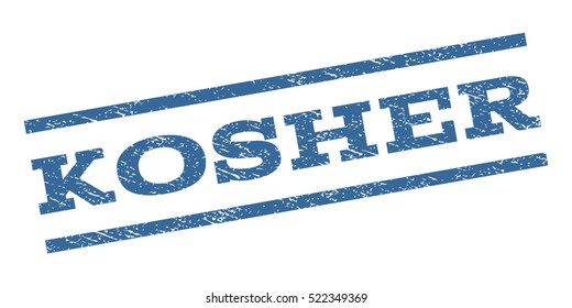 Kosher watermark stamp. Text caption between parallel lines with grunge design style. Rubber seal stamp with scratched texture. Vector cobalt blue color ink imprint on a white background.