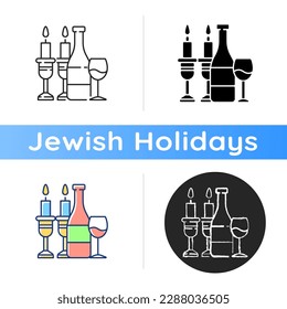 Kosher wine icon. Jewish holidays and rituals. Passover Seder. Festive meal. Grape juice. Sabbath dinner. Kosher food. Linear black and RGB color styles. Isolated vector illustrations