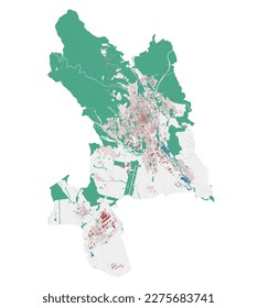 Kosice vector map. Detailed map of Kosice city administrative area. Cityscape panorama. Royalty free vector illustration. Outline map with buildings, water, forest. Tourist decorative road map.