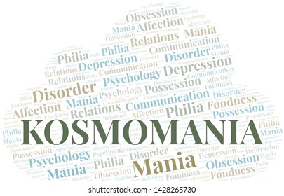 Kosmomania word cloud. Type of mania, made with text only.