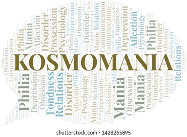 Kosmomania word cloud. Type of mania, made with text only.