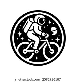 Kosmonaft poster sketch rides a bike among the stars and planets of space,black circle, white background, minimalism.