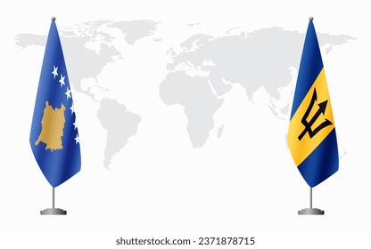 Kosovo and Barbados flags for official meeting against background of world map.