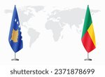 Kosovo and Benin flags for official meeting against background of world map.