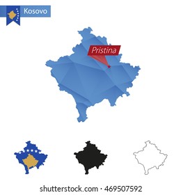 Kosovo blue Low Poly map with capital Pristina, four versions of map. Vector Illustration.