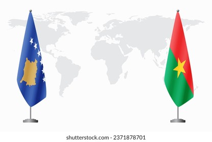 Kosovo and Burkina Faso flags for official meeting against background of world map.