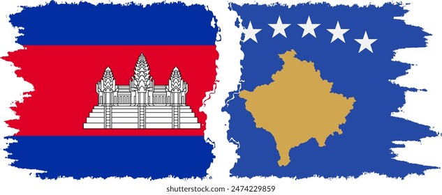 Kosovo and Cambodia grunge flags connection, vector