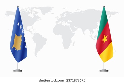 Kosovo and Cameroon flags for official meeting against background of world map.