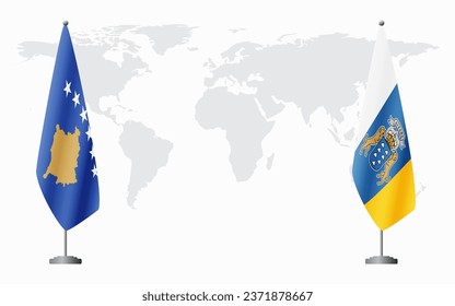 Kosovo and Canary Islands flags for official meeting against background of world map.