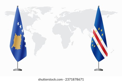 Kosovo and Cape Verde flags for official meeting against background of world map.