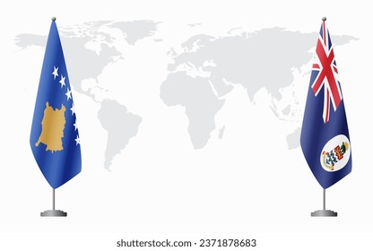 Kosovo and Cayman Islands flags for official meeting against background of world map.