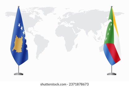 Kosovo and Comoros flags for official meeting against background of world map.