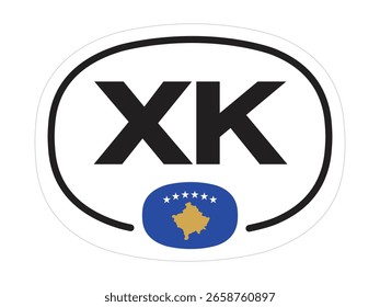 Etiqueta engomada del código de Country de Kosovo: emblema XK ovalado con el símbolo de la bandera y el mapa de oro, gráfico de Vector para viajes internacionales, señalización de identidad y uso de acciones