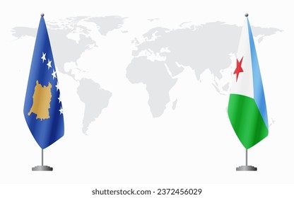 Kosovo and Djibouti flags for official meeting against background of world map.