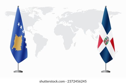 Kosovo and Dominican flags for official meeting against background of world map.