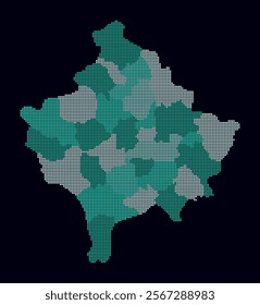 Kosovo dotted map. Digital style map of the country on dark background. Kosovo shape with circle dots. Colored dots style. Small size circles. Modern vector illustration.
