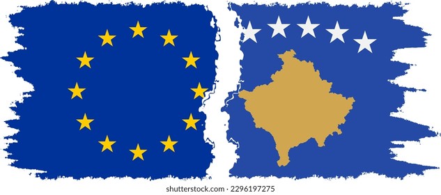 Kosovo and European Union grunge flags connection, vector