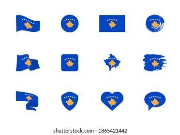 Kosovo flag - flat collection. Flags of different shaped twelve flat icons. Vector illustration set