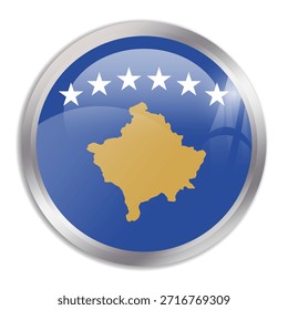 Kosovo flag - glossy circle button in metal frame displays a colorful flag of a country cultural identity and heritage. The essence of national pride and unity.