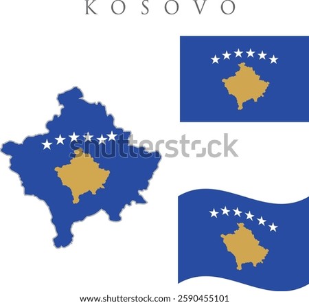 Kosovo flag illustration . Set of kosovo flags, in different styles  , waving flag , and map design. Represents the state of kosovo . Kosovo Map Flag. 