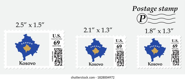 Mapa de la bandera de Kosovo en el sello postal de diferente tamaño.