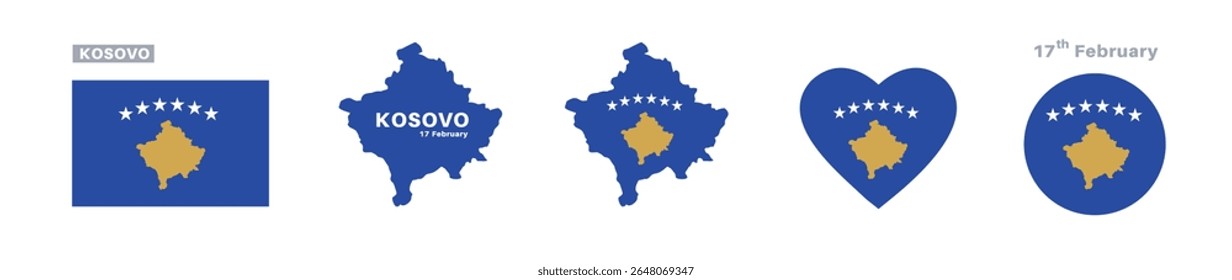 kosovo flag and map set. kosovo flag in official colors and proportions. independence day 17 february map, circle and heart shaped kosovo