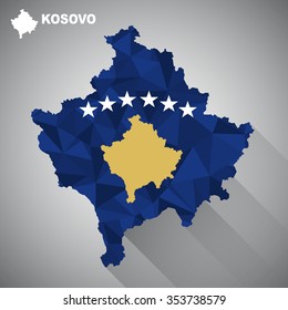 Kosovo flag overlay on Kosovo map with polygonal and long tail shadow style (EPS10 art vector)