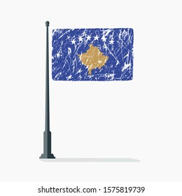 Kosovo flag with scratches on flagpole with shadow in vector