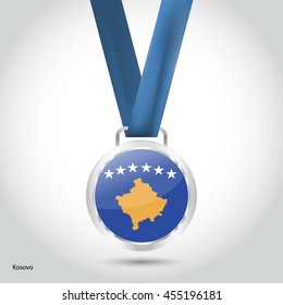 Kosovo Flag in Silver Medal. Vector Illustration. RIO Olympic Game silver Medal. Vector Illustration