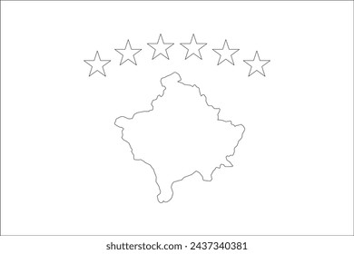 Kosovo flag - thin black vector outline wireframe isolated on white background. Ready for colouring.