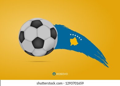 Kosovo football championship banner with 3d soccer ball and hand drawn calligraphy ink brush stripes Kosovo national flag colors on yellow background. Vector design element illustration