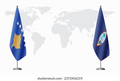 Kosovo and Guam flags for official meeting against background of world map.
