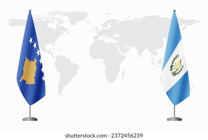 Kosovo and Guatemala flags for official meeting against background of world map.