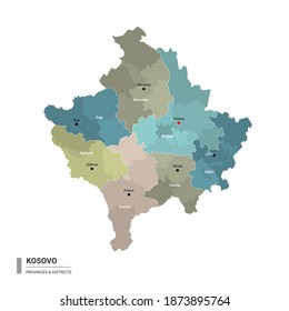 Kosovo higt detailed map with subdivisions. Administrative map of Kosovo with districts and cities name, colored by states and administrative districts. Vector illustration.