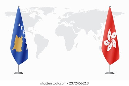 Kosovo and Hong Kong flags for official meeting against background of world map.