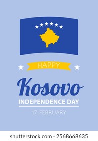 Kosovo Independence Day, vector design for poster, banner or greeting card. Text Happy Kosovo Independence Day, 17 february and flag of Kosovo on light blue background.