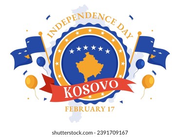 Ilustración de vectores del Día de la Independencia de Kosovo el 17 de febrero con bandera ondeando en feliz festividad de celebración de la República con fondo de caricatura plana