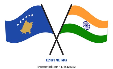 Kosovo and India Flags Crossed And Waving Flat Style. Official Proportion. Correct Colors.