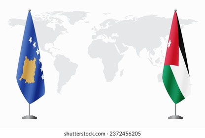 Kosovo and Jordan flags for official meeting against background of world map.