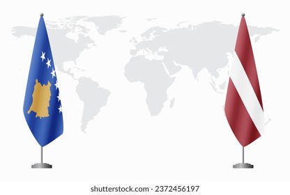 Kosovo and Latvia flags for official meeting against background of world map.
