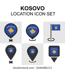 Kosovo location icons featuring the national flag in a variety of map pins, ideal for Balkan maps, geopolitics, or cultural projects.