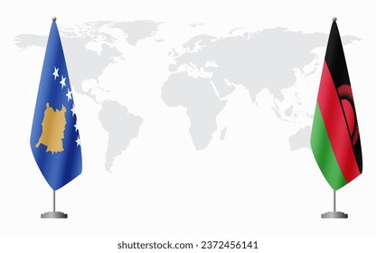 Kosovo and Malawi flags for official meeting against background of world map.
