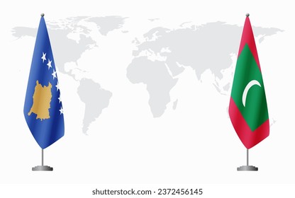 Kosovo and Maldives flags for official meeting against background of world map.