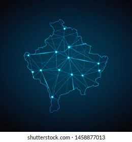 Kosovo Map - Abstract geometric mesh polygonal network line, structure and point scales on dark background with lights in the form of cities. Vector illustration eps 10.