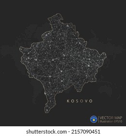 Kosovo map abstract geometric mesh polygonal light concept with black and white glowing contour lines countries and dots on dark background. Vector illustration.