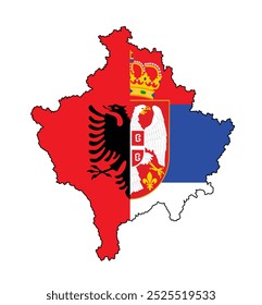 Kosovo map Albania flag Serbia over map vector silhouette illustration isolated. Serbia territory map. Former Yugoslavia republic. Balkan province. Europe region. Albania flag half Serbia flag COA.