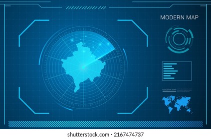 Mapa de Kosovo del vector de radar de tecnología de marco digital azul HUD, GUI, interfaz de interfaz de usuario.