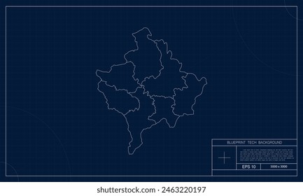 Kosovo Map with Blueprint Tech Style Background.